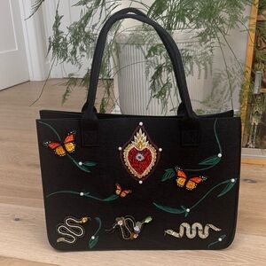 Embroidered Black Tote with Butterfly and Snake Design